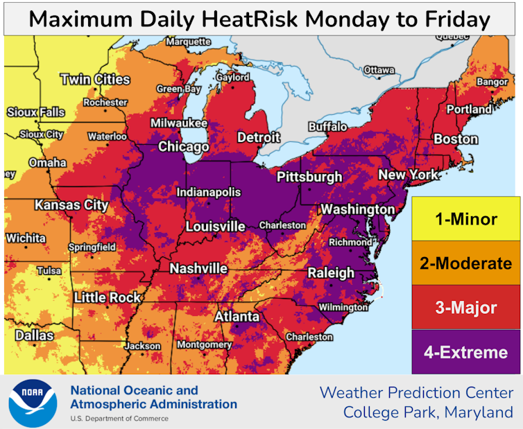 A map shows maximum daily temperatures for the week in the extreme heat category across Illinois, Indiana, Ohio, Pennsylvania, Maryland, Virginia and North Carolina, and high heat for much of the rest of the Midwest and Eastern U.S.