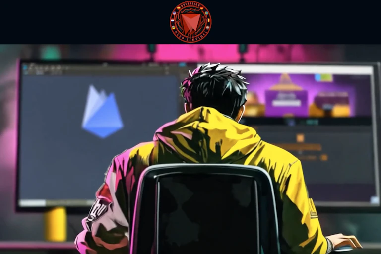An animated image of a man in a yellow jacket sitting in front of a computer.