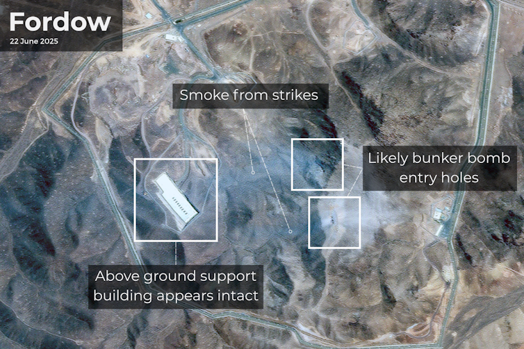 Annotated satellite image showing locations struck by US bombs.