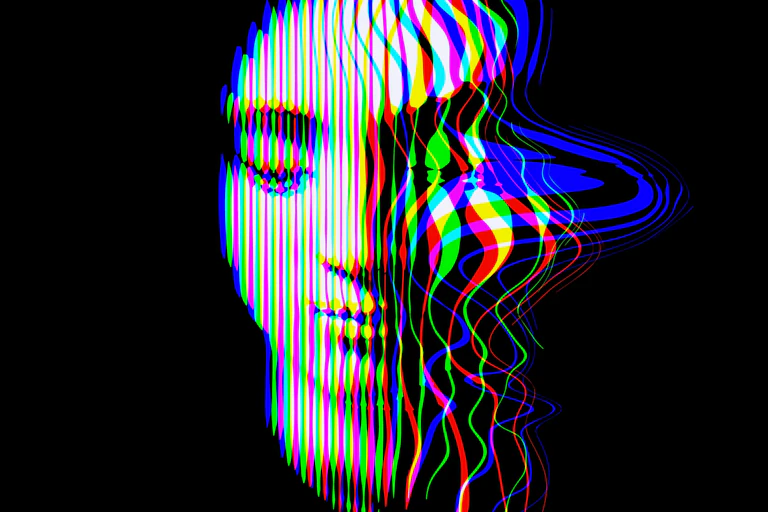 Illustration of a black and white face dissolving into colourful waves,