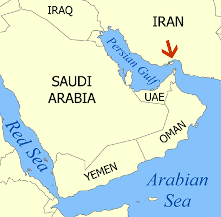 Map of the Strait of Hormuz showing surrounding countries.