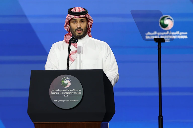 Saudi crown prince, Mohammed bin Salman, delivers a speech.