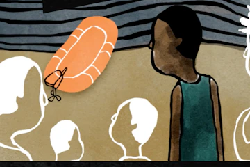 Cartoon showing refugee people and a dingy.