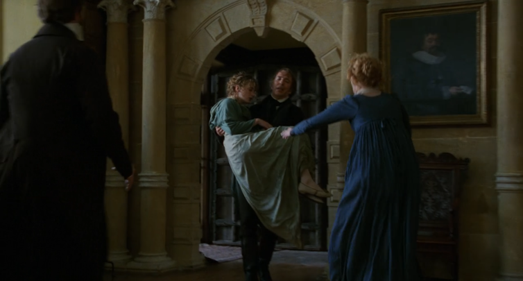 Is it bad to catch rainy or possibly Jane Austen too dramatic? 2 The man enters the house with a woman in his arms, while another woman passes to them.