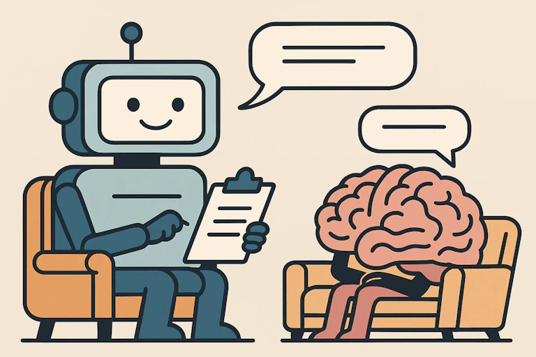 AI-produced image of a robot therapist sitting in a chair holding a clipboard while a robot patient cries in its hands