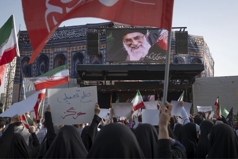 Dozens of protesters wave flags as they march down a street.