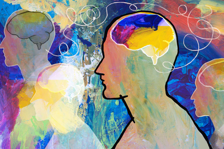 Colourful painted illustration of three people in silhouette, showing outline of their brain.