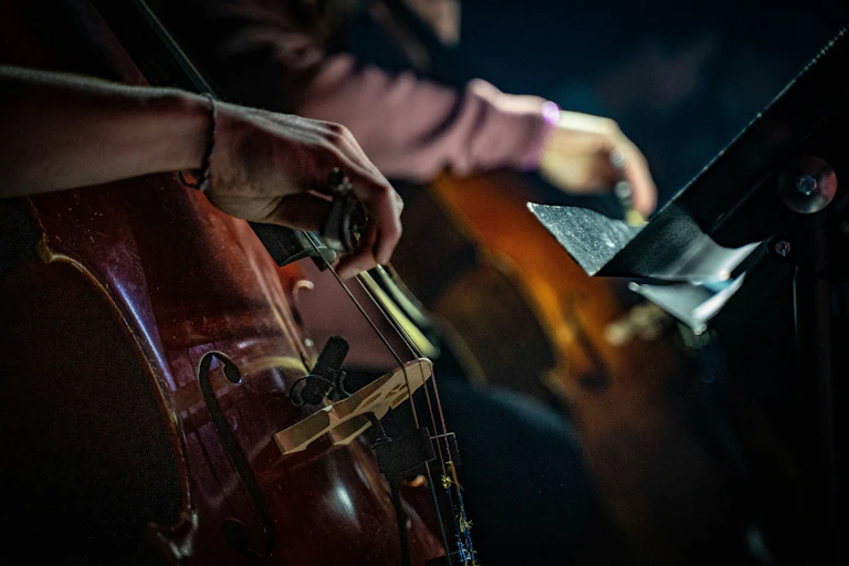 Gros plan sur des mains jouant du violoncelle.