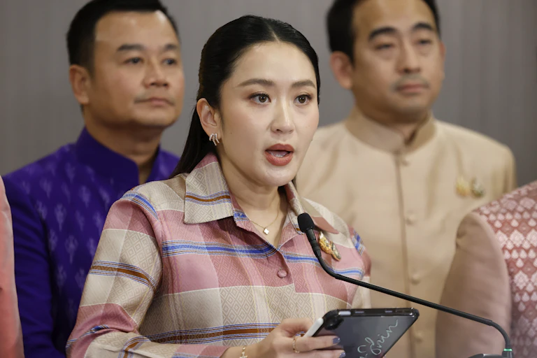 Paetongtarn Shinawatra addresses a press conference in Bangkok.