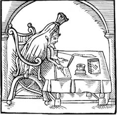 Woodcut from 1598 depicting Robert Greene at his writing desk.