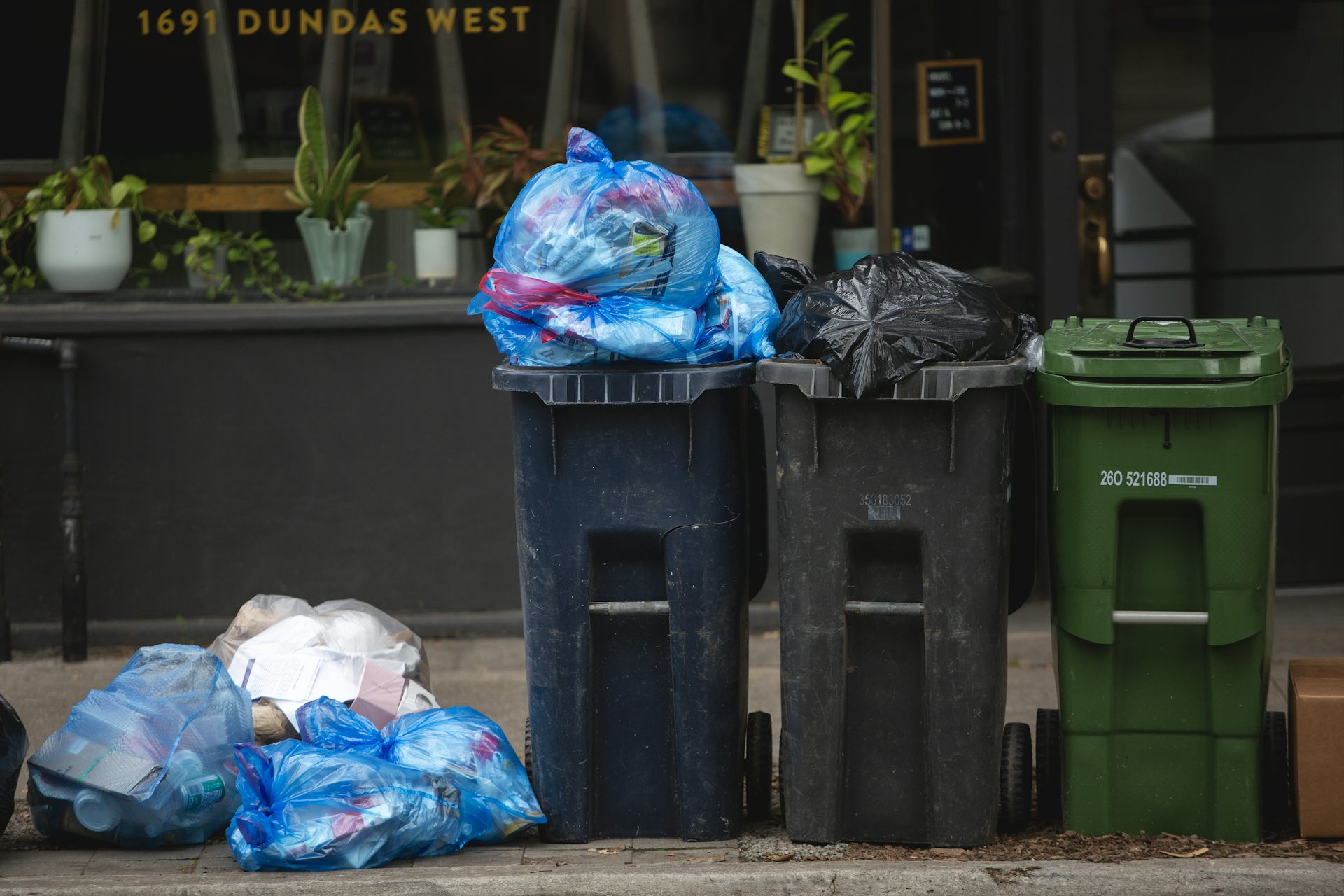 overflowing recycling bins next to garbage and green bins