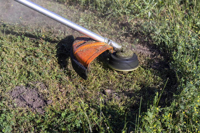 A weed whacker clears a swath of ground.