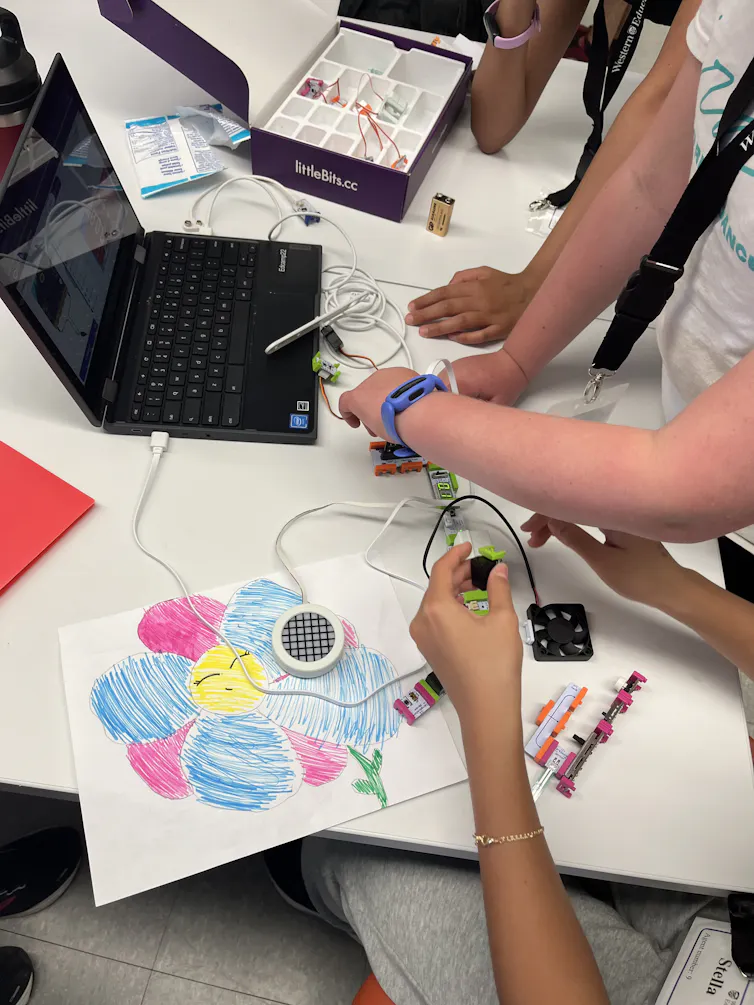 Children's hands seen with an illustration and tech equipment next to a laptop.