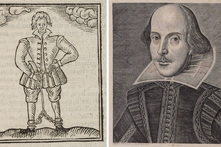 A polemical woodcut deriding Nashe as jailbird next to a copper engraving of Shakespeare from the title page of the First Folio.