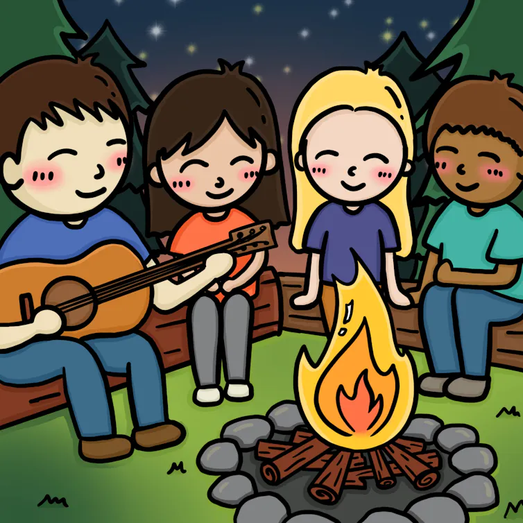 Cartoon style illustration of children sitting around a campfire.