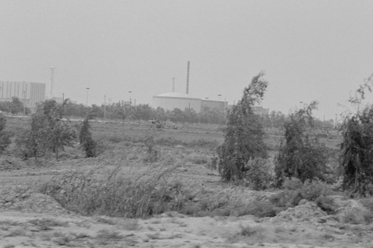 A black and white image shows a structure in the background and some trees in the foreground.