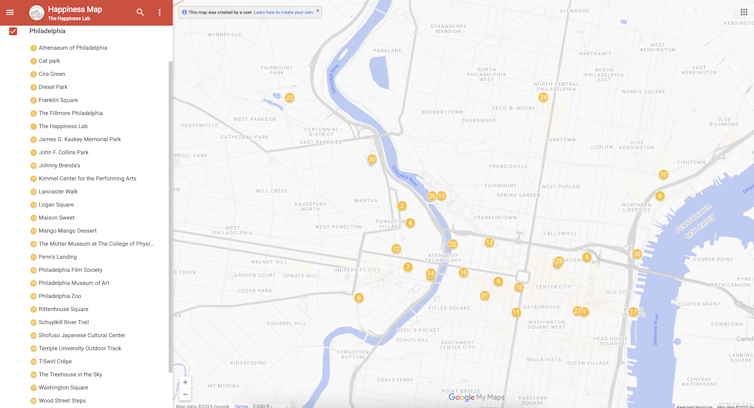 Philly psychology scholars map out native landmarks and hidden locations the place they really feel happiest 1 A Google map display on right with a list of mapped locations on the left.