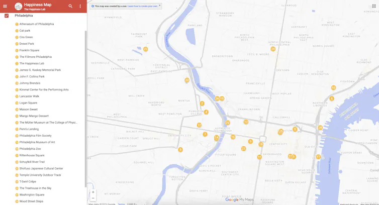 A Google map display on right with a list of mapped locations on the left.