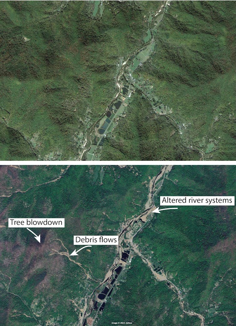 Two satellite maps of the same location. One shows changes to the river, loss of trees and landslides.