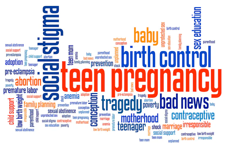 A word cloud illustration with phrases such as sex education, birth control, teen pregnancy and social stigma.