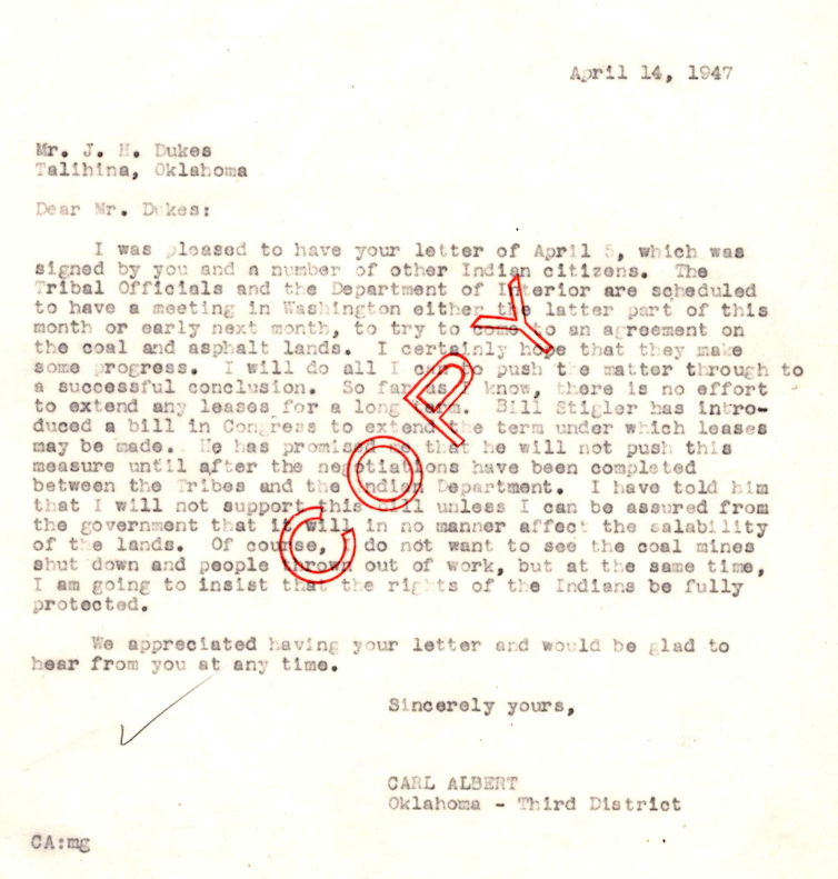 A yellowed letter from 1947 about Indian resource rights from a congressman to a Native American constituent in Oklahoma.