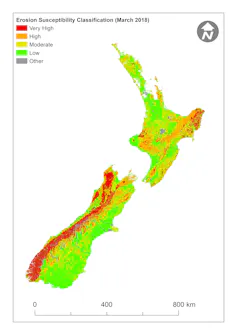 A map of New Zealand showing the red-to-green classification of land susceptible to erosion.