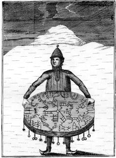 A black-and-white illustration of a man in a hat, jacket and pointed shoes and holding a large drum with line drawings on it.