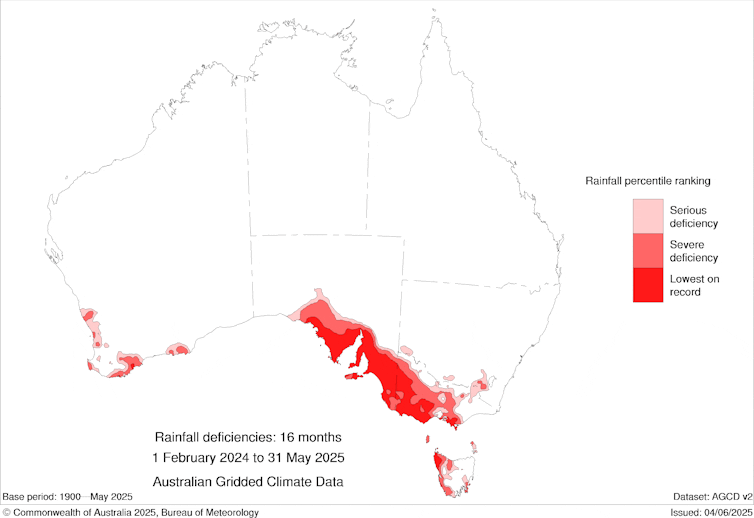 A map of Australia showing rainfall deficiencies over the 16 months from 1 February 2024 to 31 May 2025, with red highlighting the lowest rainfall on record in western Victoria, the agricultural regions of South Australia and parts of Tasmania.
