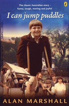 series tie-in book cover: a boy on crutches with a community around him