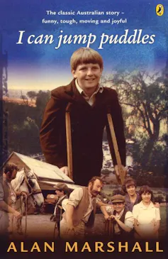 series tie-in book cover: a boy on crutches with a community around him
