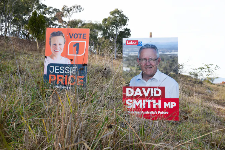 Two election signs for two different candidates in a grassy field