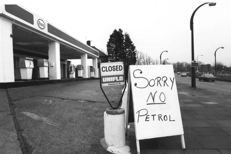 a sign saying no petrol at service station, 1970s.