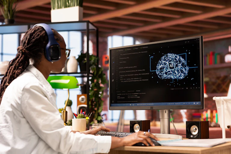Mujer joven negra con gafas y auriculares mira una pantalla de ordenador con un cerebro digital dibujado con el símbolo de "AI" en el centro