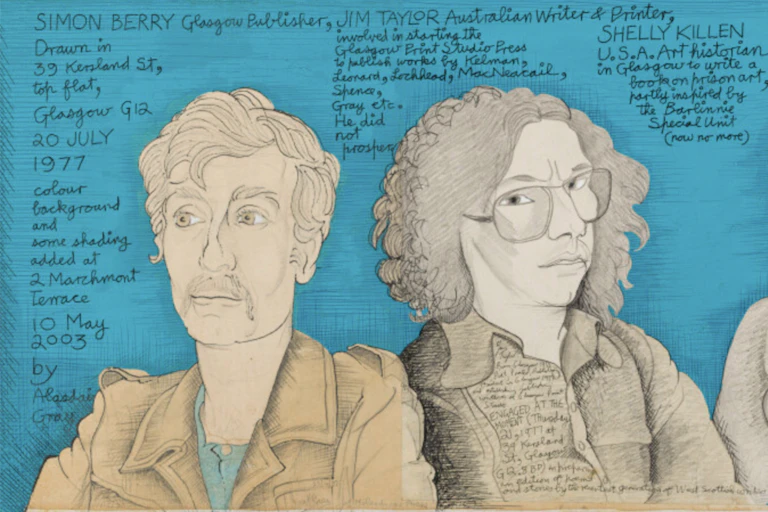 An Alasdair Gray mural of four important cultural figures in Scotland, hand-drawn on a cyan blue background.