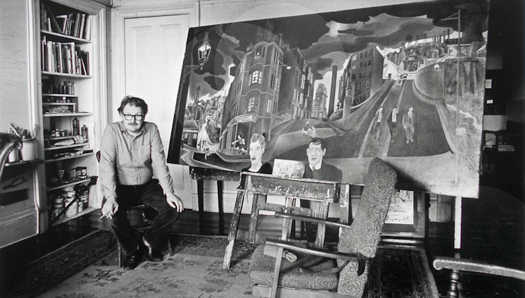 Alasdair Grey: unseen works of art be offering perception right into a profoundly inventive and authentic artist 4 A black and white image of the artist and writer Alasdair Gray with one of his paintings in the living room of his Glasgow flat.
