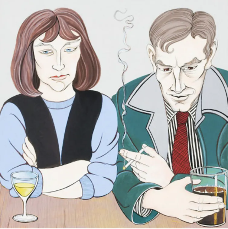 An Alasdair Gray painting of a couple sitting in a pub drinking, the man smoking, both looking pensive.
