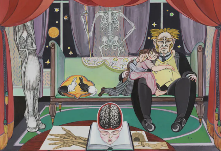 An Alasdair Gray painting of a fat man sitting on a couch holding a curled-up child.
