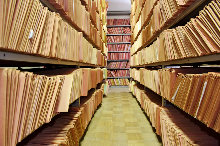Shelves with manila folders on them.