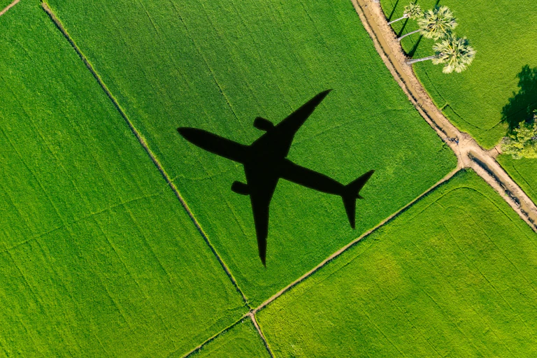 Shadow of aeroplane on green field.