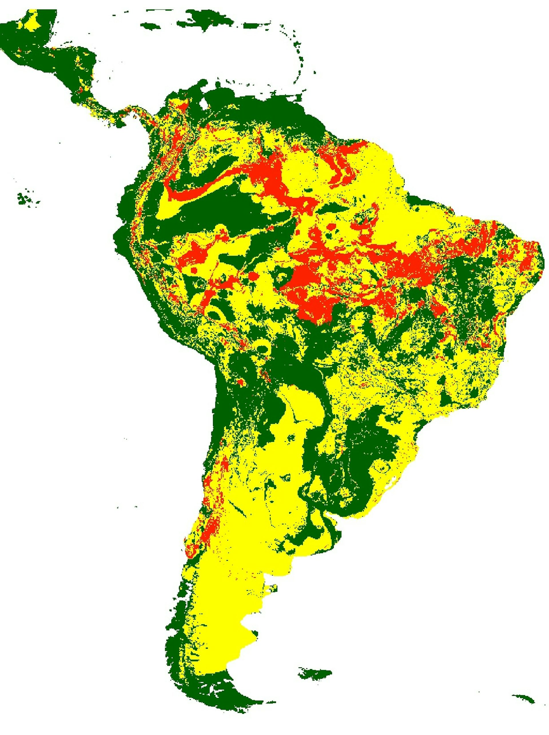 Mapa mostra a América do Sul. Na região da Amazônia, várias manchas vermelhas apontam para áreas que se tornarão mais vulneráveis à Doença de Chagas até 2080