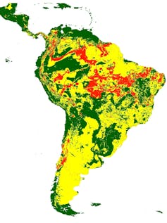 Mapa mostra a América do Sul. Na região da Amazônia, várias manchas vermelhas apontam para áreas que se tornarão mais vulneráveis à Doença de Chagas até 2080