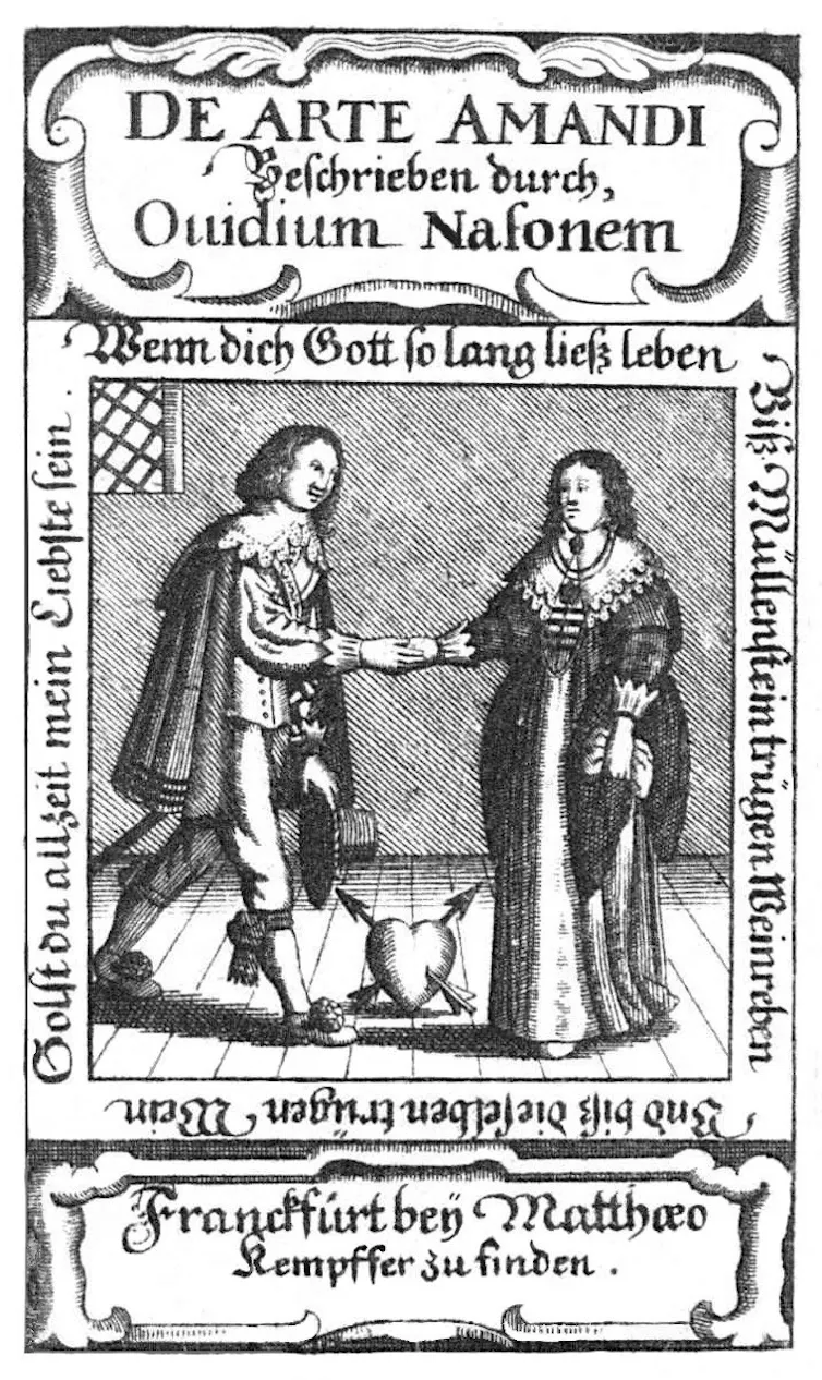 A black and white illustration of Ovid's Art of Love poem.