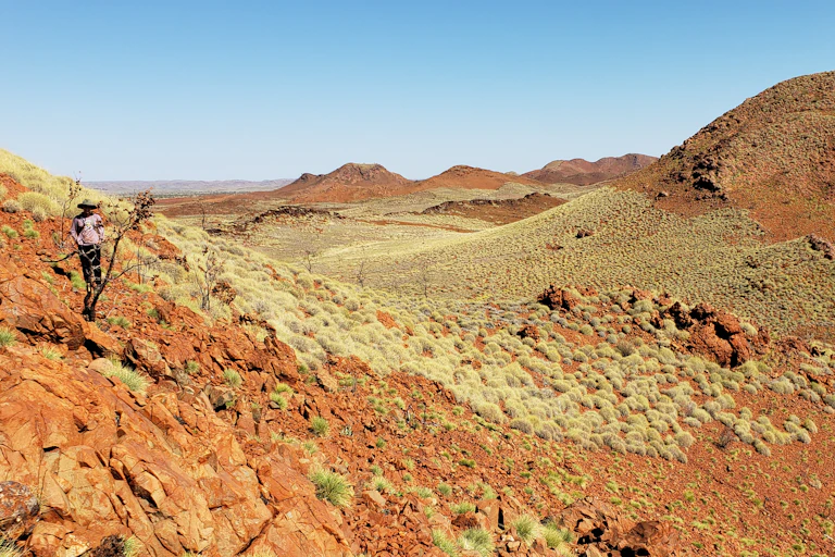 A red landscape with tufts of grass and undulating hills under a blue sky