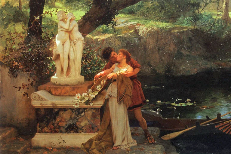 A painting of an ancient Roman man kissing a woman by a pond