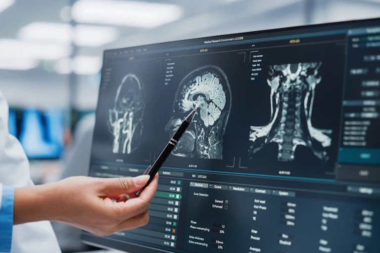 professionnel de la santé pointe une région du cerveau sur des résultats d'imagerie médicale