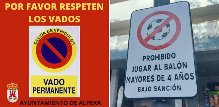 Un cartel de 'por favor respeten los vados' al lado de otro que dice 'prohibido jugar al balón menores de 4 años bajo sanción'.