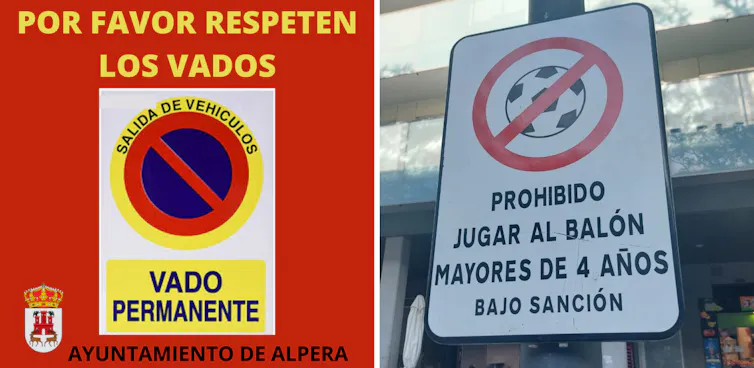 Un cartel de 'por favor respeten los vados' al lado de otro que dice 'prohibido jugar al balón menores de 4 años bajo sanción'.