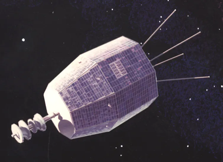 A painting of a satellite against a black sky.