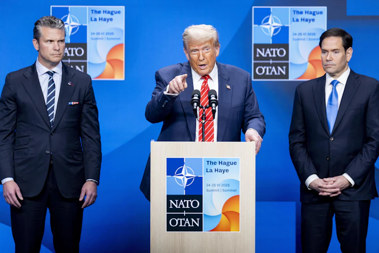 Trump attends a press conference with US defence secretary, Pete Hegseth, and US state secretary, Marco Rubio.