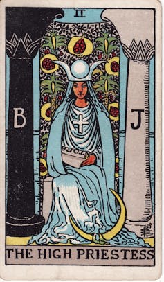 a drawing of a woman in blue robes,